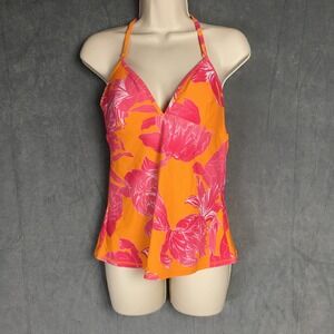 Athleta Womens Tankini Swim Top M Orange Pink Floral V-Neck Beachy Padded